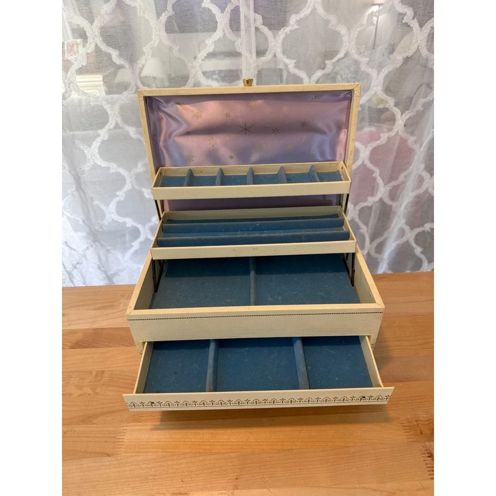 Vintage Cream Faux Leather Multi Tier Jewelry Box Blue Velvet Lilac Satin Lining